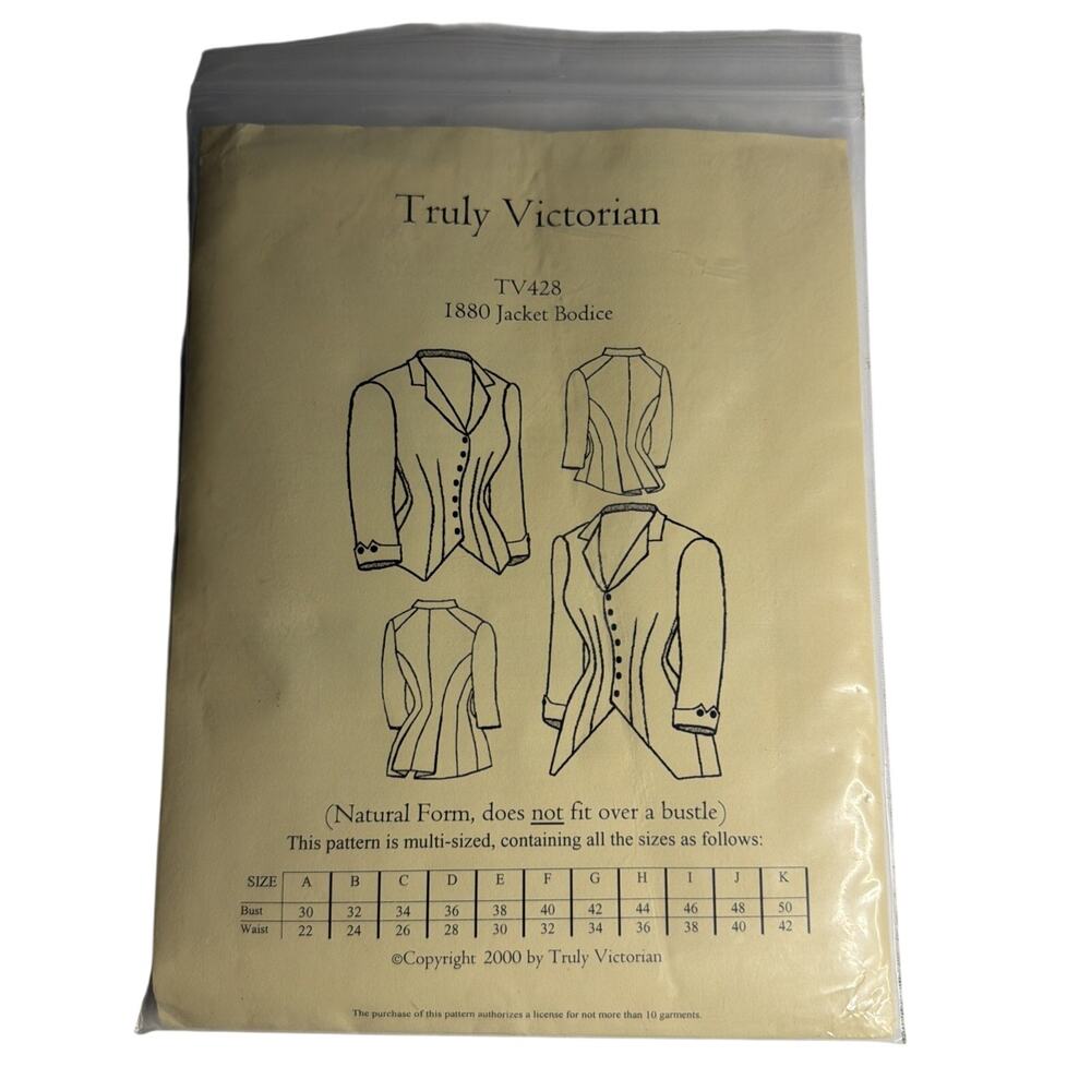 Truly Victorian TV428 1880 Jacket Bodice Sewing Pattern Multi Size Uncut New